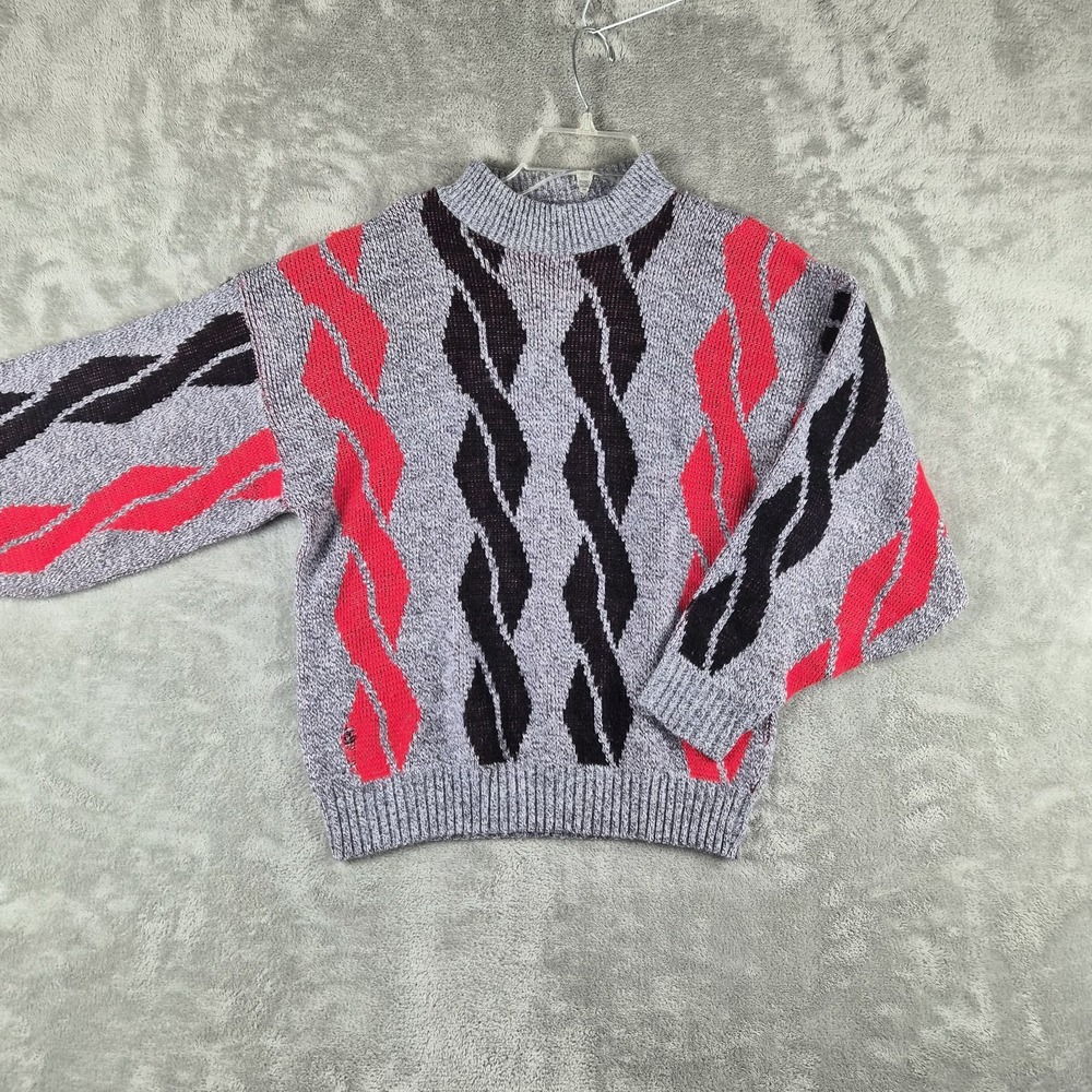 Vintage Burlington Sweater Grey Red Black Geometric Knit Made In USA 80s 90s